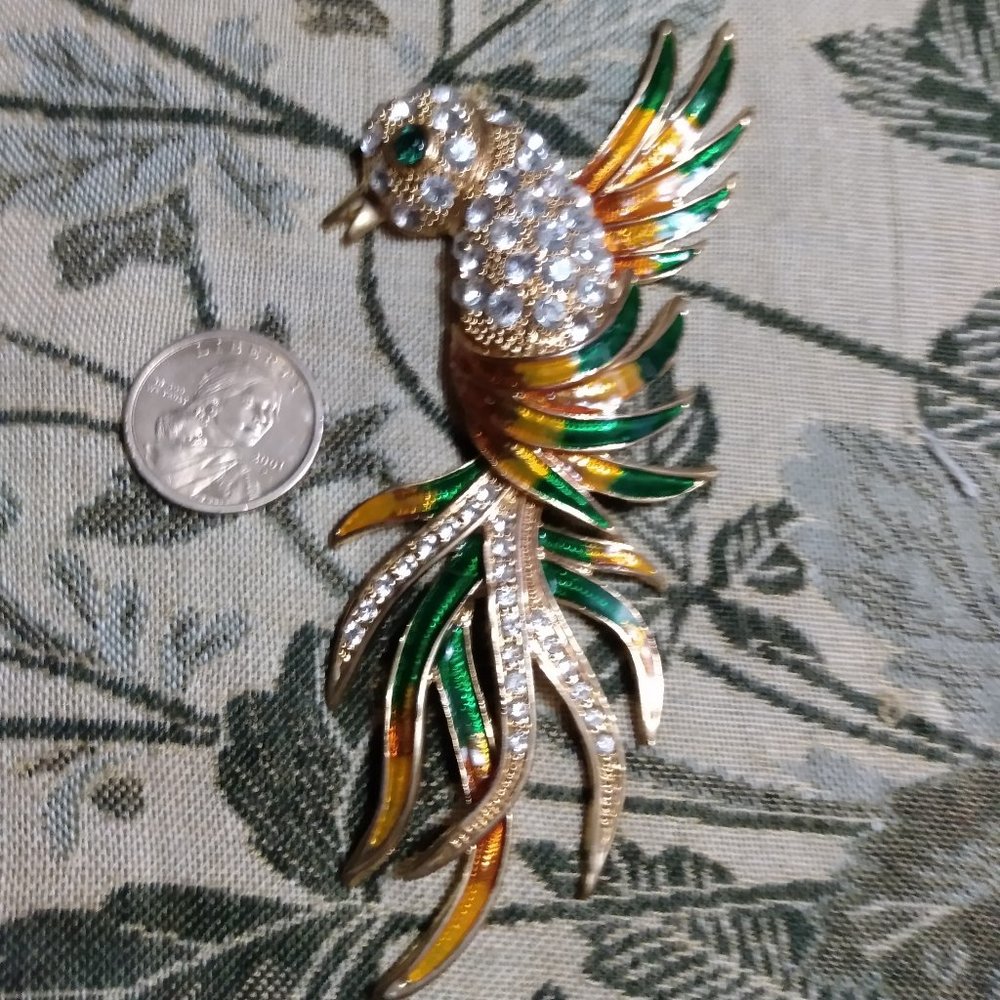 Large Bird Brooch with Rhinestones